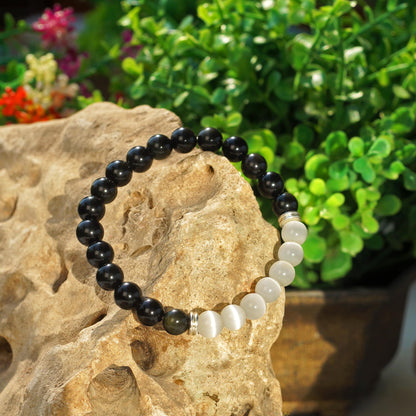 Black Obsidian & White Selenite Agate Bracelet – Chakra Healing Energy Balancing Crystal Bracelet for Protection & Mindfulness Gift