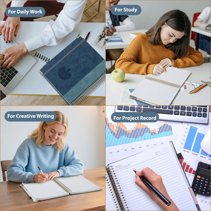 Yoment Hardcover Spiral Notebook 8.5" x 11" Leather 5 Subject Notebook College Ruled with Dividers Tabs 300 Pages Large Spiral Journal Notebooks for Work School Note-Taking Business, Gray Blue