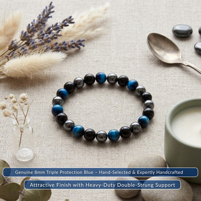 Cherry Tree Collection Triple Protection Blue Beaded Bracelet – Genuine 8mm Gemstone Stretch Bracelet for Men & Women – Handmade Crystal Bracelet - (Triple Protection Blue - M)