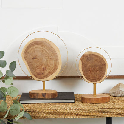 Deco 79 Wood Abstract Handmade Decorative Sculpture Live Edge Slab Home Decor Statues with Gold Metal Rings, Set of 2 Accent Figurines 14", 11"H, Brown