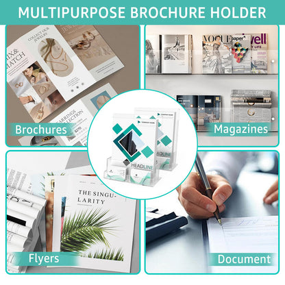 2 Pack Acrylic Brochure Holder 8.5 x 11 Inch with Business Card Holder, Clear Acrylic Brochure Holders Plastic Flyer Display Stand for Magazine, Pamphlet, Booklets, Menu, Journals, Literature