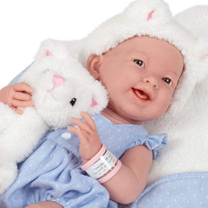JC Toys La Newborn All-Vinyl-Anatomically Correct Real Girl 15" Baby Doll in Blue and Deluxe Accessories, Designed by Berenguer., Blue/White