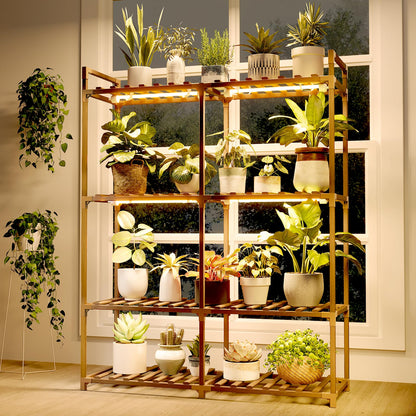 Bamworld Plant Stand with Grow Lights for Indoor Plants Wood Plant Shelf 4 Tier Large Flower Stand for Mutiple Plant Holder Rack for Patio Living Room Balcony