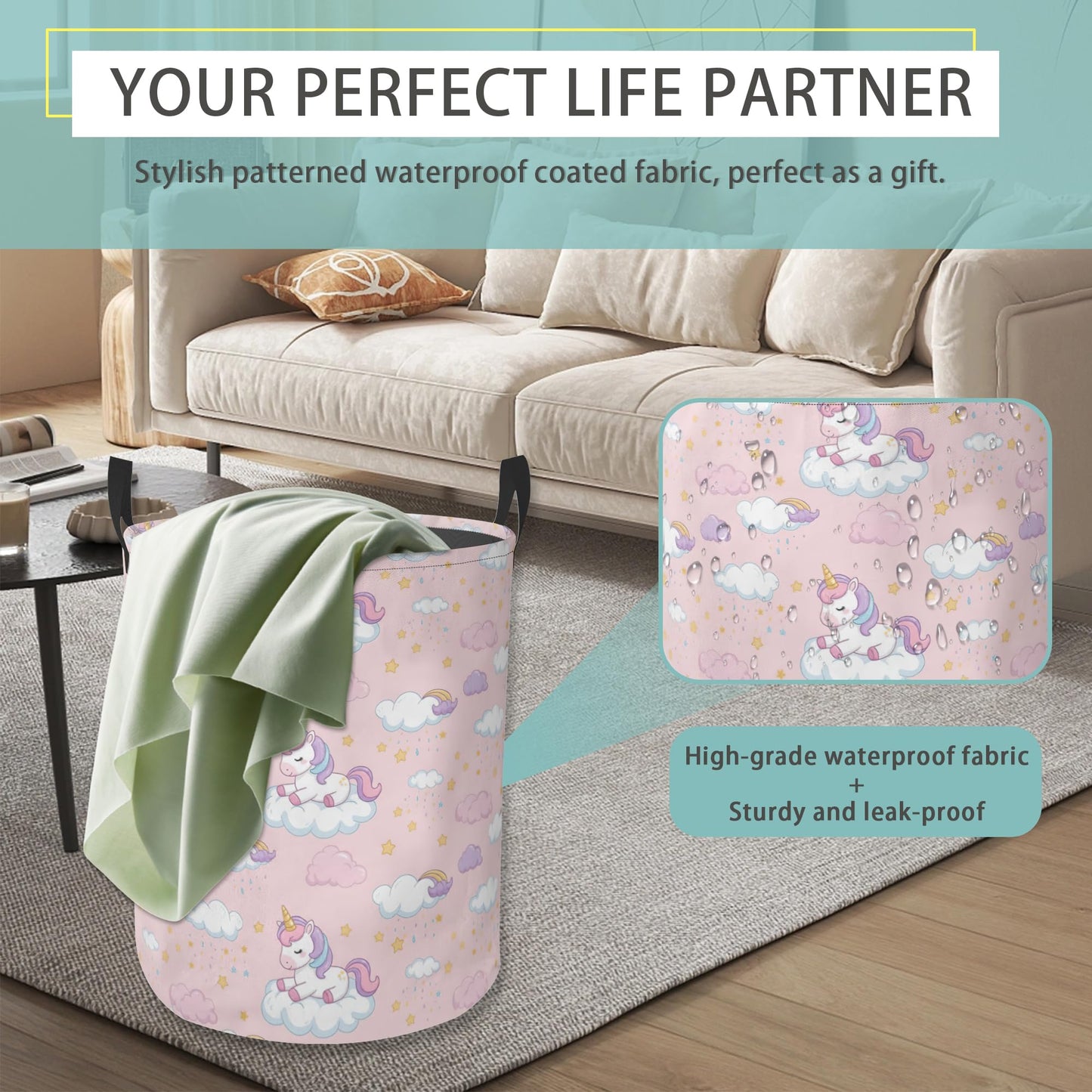 Cute Pink Unicorn Round Laundry Hamper Storage Basket Toys Clothes Organizer Bin For Home Bathroom Bedroom Dorm Nursery