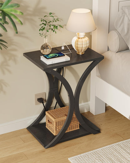 CHOEZON End Table with Charging Station, 2-Tier Modern Side Table, Nightstand with Storage Shelf, for Small Spaces, for Living Room, Bedroom, Black TBZ20UBB