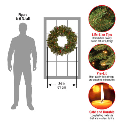 National Tree Company 24 in Pre-Lit Crestwood Spruce Artificial Christmas Wreath, Christmas Decoration with Glitter, Pinecones, Red Berries, 50 Warm White LED Lights, 160 Tips, Timer, Green
