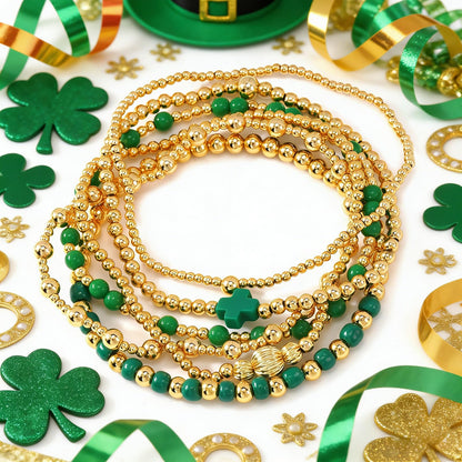 St. Patrick's Day Bracelets for Women,Gold Green Cross Beaded Bracelet Stack,Handmade Green Beads Stretch Stackable Bracelets Set Fashion Festival Party Saint Patricks Day Accessories Outfits Jewelry Gifts