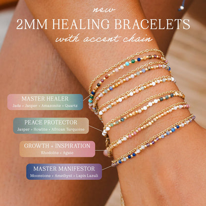 Lotus and Luna Energy Healer Beaded Healing 2mm Layered Bracelet in Gold with Real Stones Amethst, Sodalite, Rhodolite, Pink Aventurine (Energy Healer Yellow Gold)