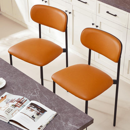 GrandNoor Modern Bar Stools Set of 2, 24 Inch Upholstered Brown Faux Leather Counter Height Stools with Curved Backrest & Metal Legs, Wood Grain Back Bar Chairs for Kitchen Island