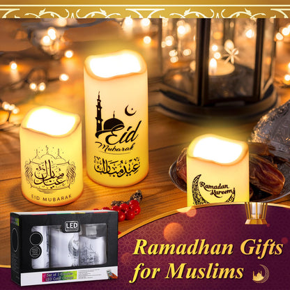 Tujoe 3 Pcs Eid Mubarak Flickering Flameless Candles Ramadan Decor Eid Mubarak LED Battery Operated Candles Candle Lights for Muslim Eid Ramadan Decor for Home(Moon)