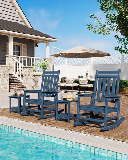 Garvee HDPE Rocking Chair Outdoor Set of 4 with 2 Side Table - Poly High Back Porch Rocker Chairs for Adults - All Weather Resistant Furniture for Patio Front Porch - Navy Blue