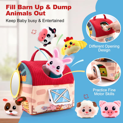 PADONISE Baby Toys 6-12 Months, Montessori Sensory Newborn Toys, Stuffed Farm Animals with Rattle, Mirror, Crinkle Paper, Gift for 6-12 12-18 Months 1-3 Year Old Toddlers Boys Halloween Girls