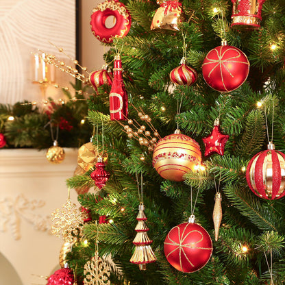SHareconn 70pcs 2025 Classic Christmas Balls Ornaments Set, Shatterproof Plastic Baubles, Ribbon and Tree Topper for Xmas Tree Holiday Wedding Party Decorations with Hanging Strings, Red and Gold