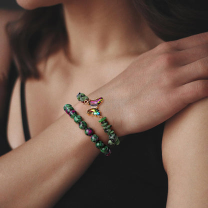 GolbalJew Epidote Stone Bracelet for Women Healing Crystal Stone Bracelets Green Gemstone Beads Stretch Bracelet Butterfly Charms Jewelry Women Gift