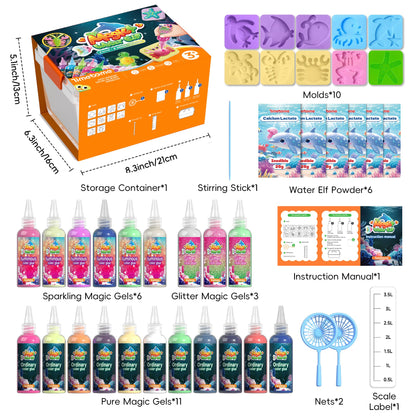 Timetome Magic Water Elf Toy Kit for Kids – 20 Gels (11 Standard + 6 Glitter + 3 Glow) & 10 Molds, DIY Squishy Maker, Aqua Fairy Gel Toys, Night Glow & Glitter, Valentine Gifts for Boys & Girls 3+