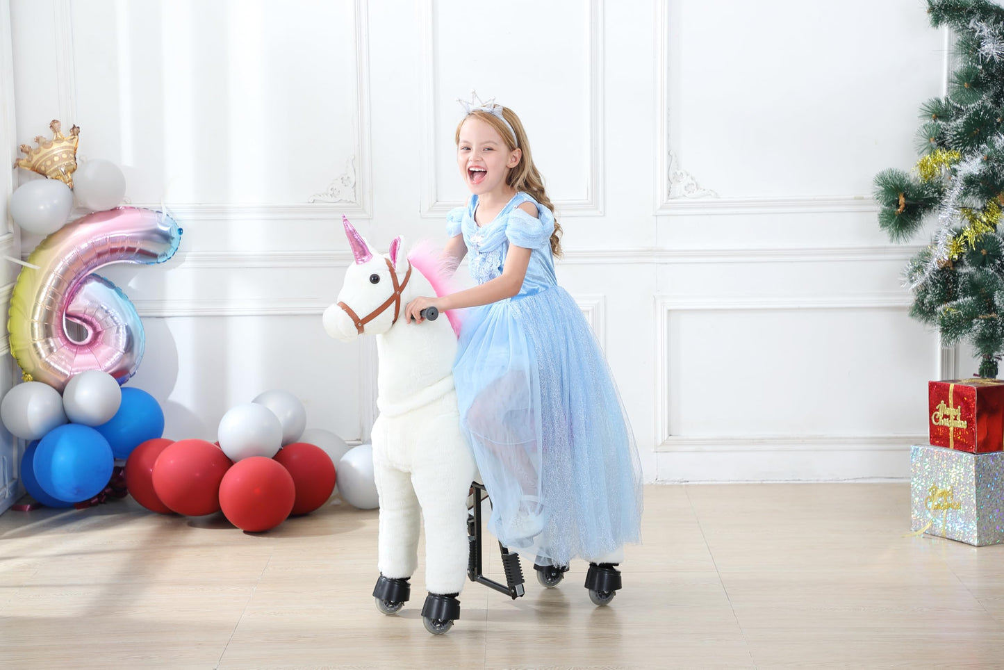 PONYEEHAW Ride on Unicorn Toys, Kids Riding Unicorn Toys Ride on Toys for 6-14 Years Old, Premium Plush Animals Toys Walking Unicorn with Wheels (White and Pink, 31.5" L x 13" W x 36.2" H)