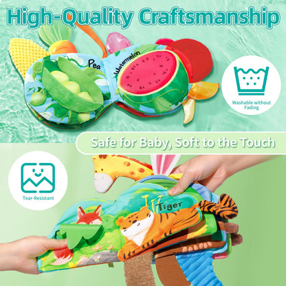 auby Baby Cloth Books - 3 Pack Soft Fabric Books for Babies with Crinkle Sound, Tactile Tails & Montessori Toys, Machine Washable