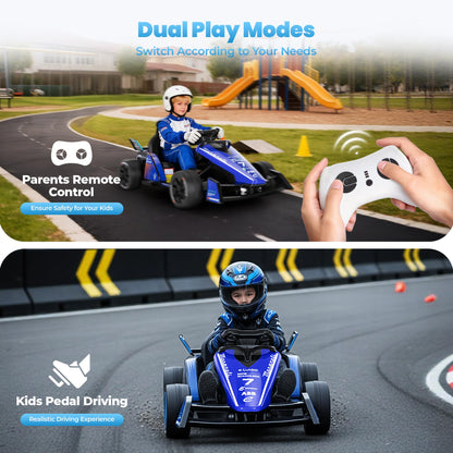 Licensed Formula E 12V Go Kart for Kids for Ages 3-8, 550W Motors Electric Kids Go Cart Ride On Car with 3-Speed Parent Remote Control,Shock-Absorbing Spring,Soft Start/Stop(Royal Blue)