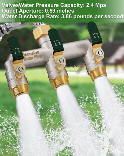 Garden Hose Splitter 3 Way Heavy Duty Brass Nickel Plated Hose Splitter with Large Handle, Full Flow Water Hose Spigot Splitter with Shutoff Valve, T Adapter Connector, 3/4 - Inch GHT Thread（Green）