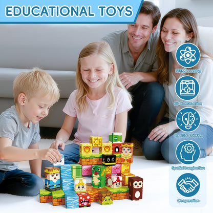 Zerxpho 60PCS Mini Magnetic Building Cubes Set, Adventure-themed Magnetic Blocks, Portable Magnetic Travel Blocks with Iron Case, Educational Toy for Kids STEM & Construction Learning for Kids Aged 3+