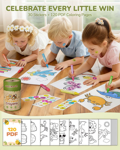 JUPITEARTH Beeswax Crayons for Toddlers 1–3, 12 Non-Toxic Silky Crayons, Jumbo and Washable Crayon, Easy to Hold, Safe for Kids, Mess-Free Coloring for Preschool Art Supplies, Ages 2–4, 4–8