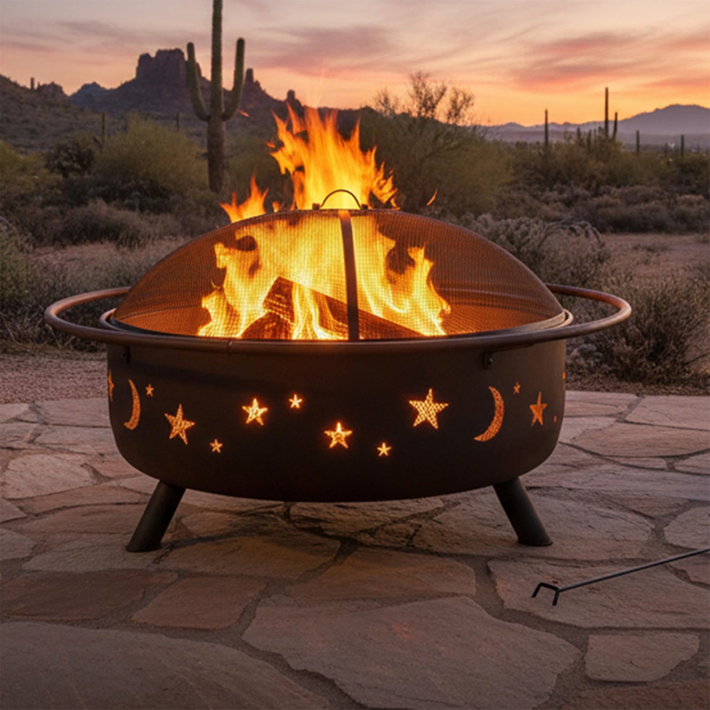 Sunnydaze Cosmic 42-Inch Large Outdoor Fire Pit - Wood-Burning Fire Pit with Round Spark Screen, Poker, and Built-in Grate