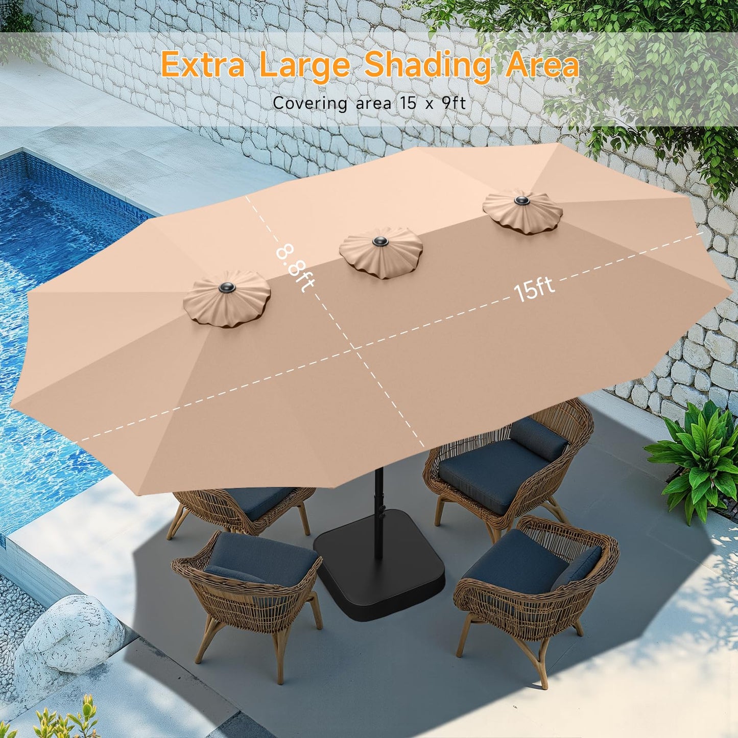 ONBRILL 15ft Patio Umbrella with Base Included, Extra Large Shade Area, Double Sided Rectangle with Crank Handle for Poolside, Garden, Yard, Beige