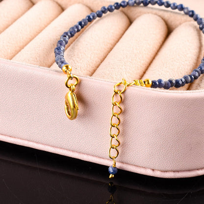 Natural Blue Sapphire Gemstone Micro Beads Dainty Bracelet Jewelry for Women, September Birthstone, Chakra Energy Crystals, 14k Gold Plated Chain 8 inch Adjustable