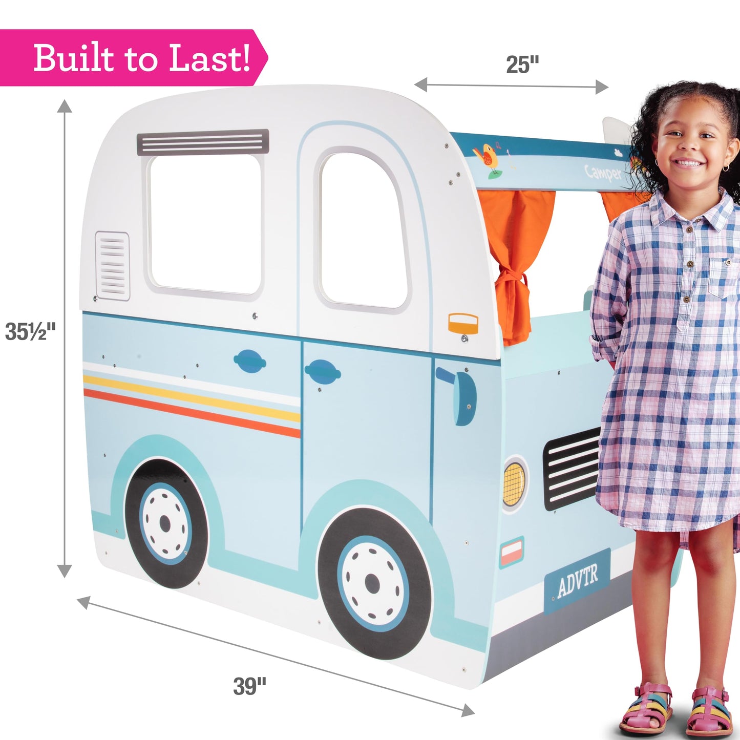 Wooden Play Camper Van Toy Playset w Steering Wheel, Kitchen, Stove, Oven, Bed, Pillow, Pretend Shower, Curtains, Personalization Stickers- Indoor Retro Car Camping, Travel RV Adventure- Ages 3+ Gift