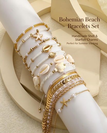 FAXHION Boho Gold Beaded Bracelets for Women, Starfish & Shell Pendant Bracelet Stack, Gold Bracelet Set Summer Beach Jewelry Gifts