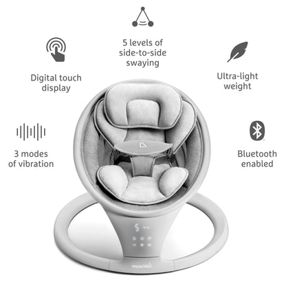 Munchkin Electric Baby Swing with Vibration - Portable Swing for Newborn and Infant, Bluetooth-Enabled Smart Seat with Music, Motion, and Sounds, Light Grey