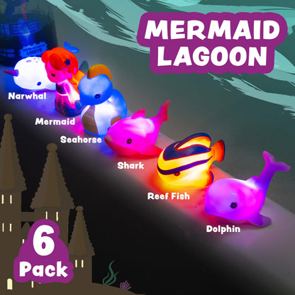 Tub Works® Mermaid Lagoon™ Light Up Bath Toys, 6 Pack | Water-Activated Light Up Toys Flash & Change Color | Easy-Grip Baby Girl & Toddler Bath Toys | Sensory Mermaid Toy Bathtub Toys with Bath Lights
