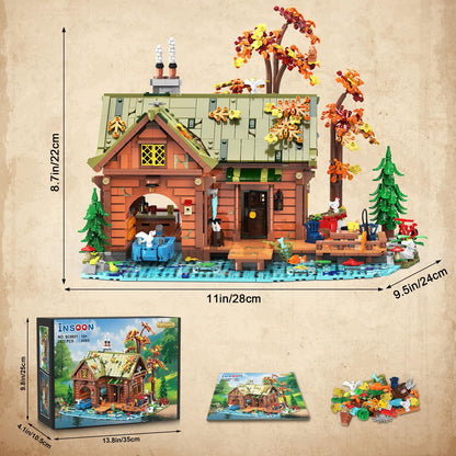 INSOON Overwater Cabin Mini Building Set with Light, 2423 PCS Wooden Forest House Building Block Toy with Boat Bike Animals, Home Decor Treehouse Construction Model Kit for Adults Teens Boys Girls 12+