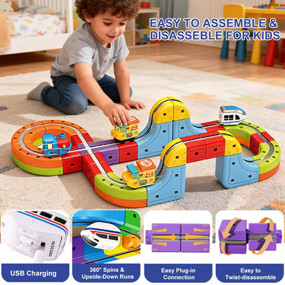 3D Infinity Track with Electric Train Set for Kids, Magnetic Monorail Cube Tracks, Magnet Railway Builder, Gravity Defying Rail Cubes Building Toy, DIY Anti-Gravity Flexible Race Track (Starter Set)