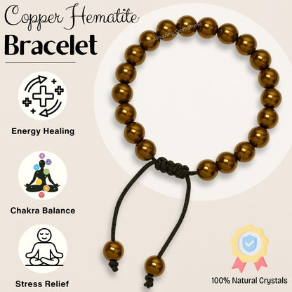 Amazing Gemstone Copper Hematite Bracelet, Gifts For Men & Women - Protection Healing Crystal Bracelet - 8mm Gemstone Beaded Adjustable Bracelet, Pulseras Para Hombres Mujer Stocking Stuffers