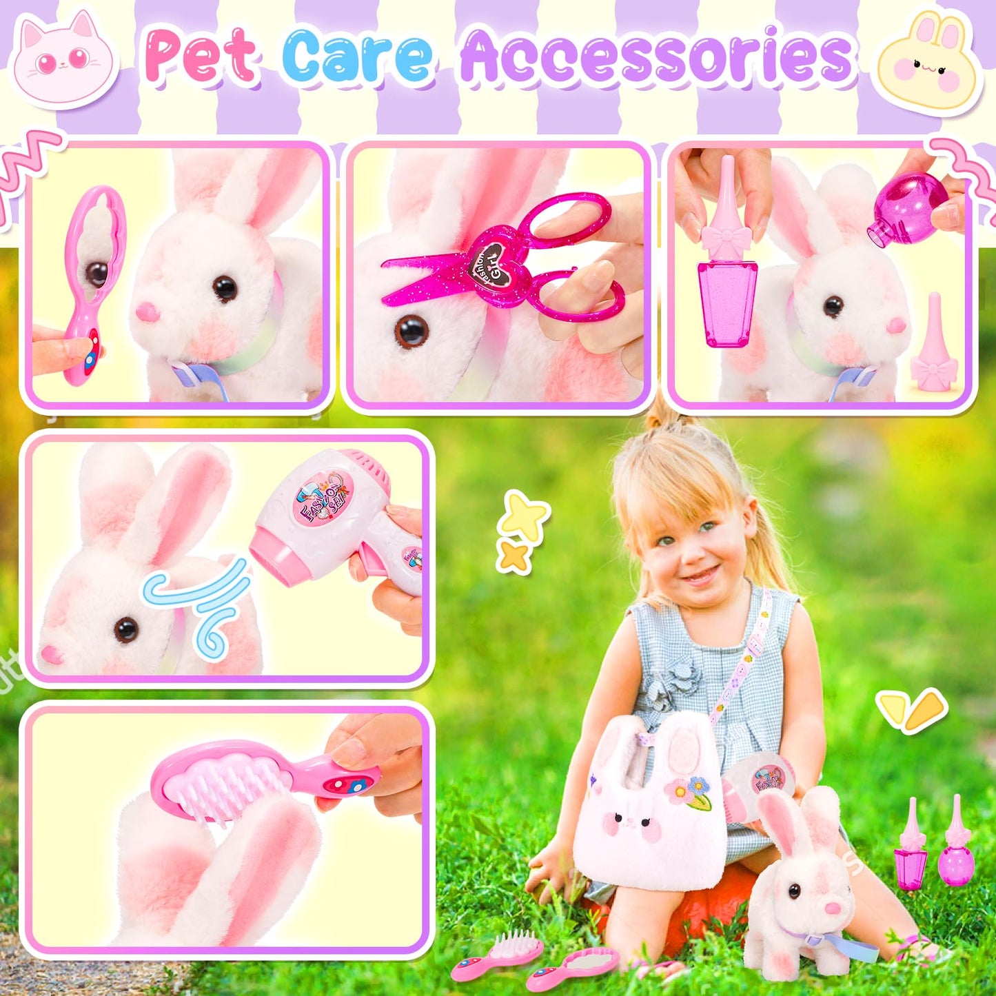 NINAOR Easter Hopping Bunny Toy for Kids with Crossbody Bags, Interactive Wiggle Ears Rabbit Toy for Girls Trip Pretend Play Robot Pet Care Cute Stuff Plushies Birthday Gifts Easter Basket Stuffers