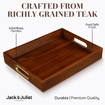 Jack & Juliet Teak Wood Ottoman Tray – Large Wooden Multifunctional Tray with Real Brass Handles - Non Slip Base in Food-Safe Finish - Gift-Ready Packaging for Coffee Table and Home Decor (Walnut)