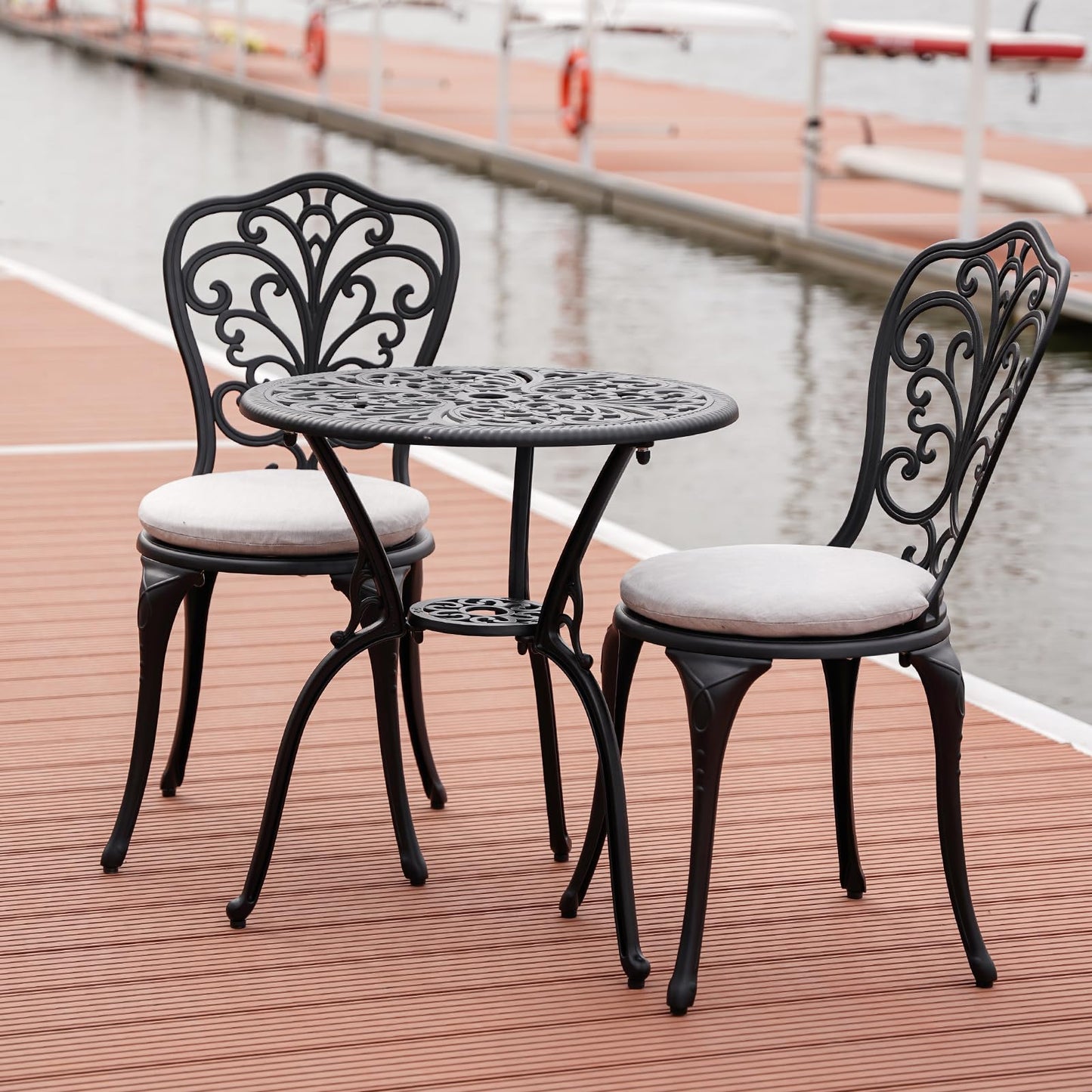 Withniture Patio Bistro Set 3 Piece with Cushions, All Weather Bistro Table and Chairs Set of 2 with Umbrella Hole, Outdoor Bistro Set, Cast Aluminum Patio Furniture Set for Garden Porch, Black
