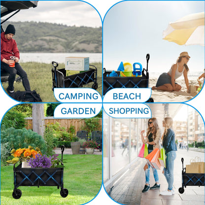 Collapsible Wagon with Wheels, 330 lbs Wagons Carts Foldable Wagon Cart, Carbon Steel Frame Structure, Lightweight Portable Folding Utility Grocery Shopping Cart for Grocery Sports Garden Camping