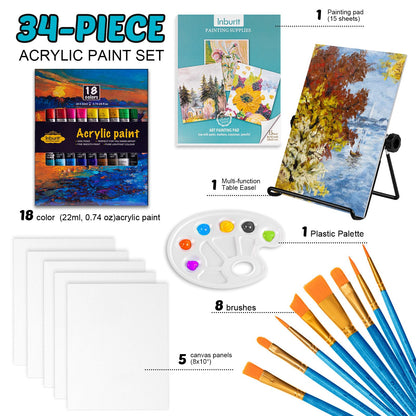 Inburit Art Paint Set for Kids, Painting Supplies Kit with 5 Canvas Panels, 8 Brushes, 18 Acrylic Paints, Multi-Function Table Easel, Etc, Premium Acrylic Paint Set for Students, Kids and Beginner.