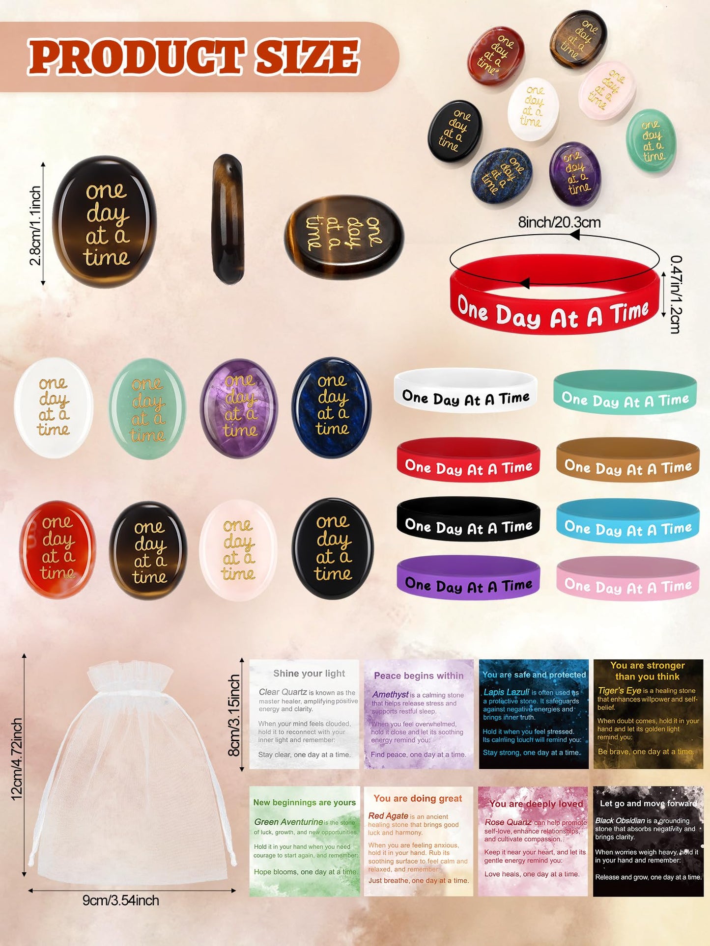 Soulchen 16 Sets Thumb Worry Stones for Anxiety Stress Relief Items Chakra Stones One Day at a Time Bracelet Meditation Reiki Spiritual Gift for Women Men Cancer Addiction Recovery Sobriety