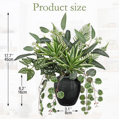 Artificial Greenery Arrangement with Cement Vase, Fake Potted Plants in Rustic Jug Planter, Faux Leaf Bouquet for Table Centerpiece, Farmhouse Home Decor, Dining Room, Living Room, Shelf Decoration