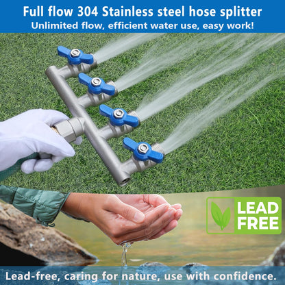 304 Stainless Steel Garden Hose Splitter 4 Way Heavy Duty, Full Flow T Valve Water Hose Splitter With 2.1" Extra Long Handle, Lead-free，3/4" GHT Thread Connector For Outdoor Spigot Faucet