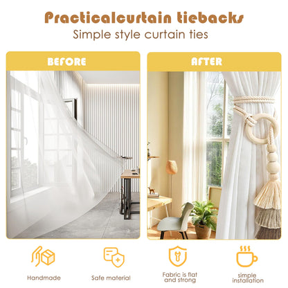 SRG Rope Curtain Tiebacks with Tassel Boho 2 PCS Handmade Wooden Ring Curtain Tie Backs Accessories Wall Decoration Drapery Curtain Holdbacks for Bedroom Window