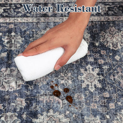 GarveeHome Washable Area Rugs 5x7 Vintage Printed Accent with Non-Slip Backing, Stain-Resistant Oriental Throw Rugs, Farmhouse Low Pile Rugs for Bedroom, Living Room, Blue
