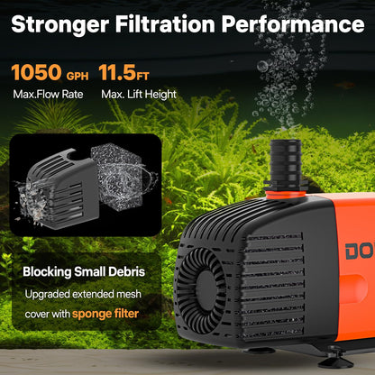 Doko Submersible Water Pump,1050GPH Aquarium Water Pump with Extended Mesh Cover and Sponge,Ultra Quiet Pond Pump with 6Ft Power Cord for Fountains,Fish Tanks,Hydroponics,and Waterfalls
