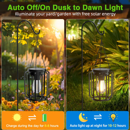 Ddlisu 2 Pack Solar Lanterns Outdoor Waterproof, Upgraded Metal LED Lanterns, Warm Light, Auto On/Off, Brighter Hanging Solar Lantern for Yard Patio Pathway Porch Garden Decor (Columnar)