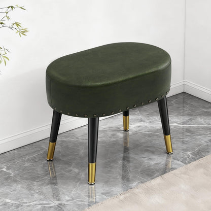 LITZFUR Vanity Stool Chair for Makeup, Pu Leather Oval Footrest, Vintage Rivet Ottoman Bench with Metal Legs, Dressing Stool for Batheroom, Living Room, Entryway, Green