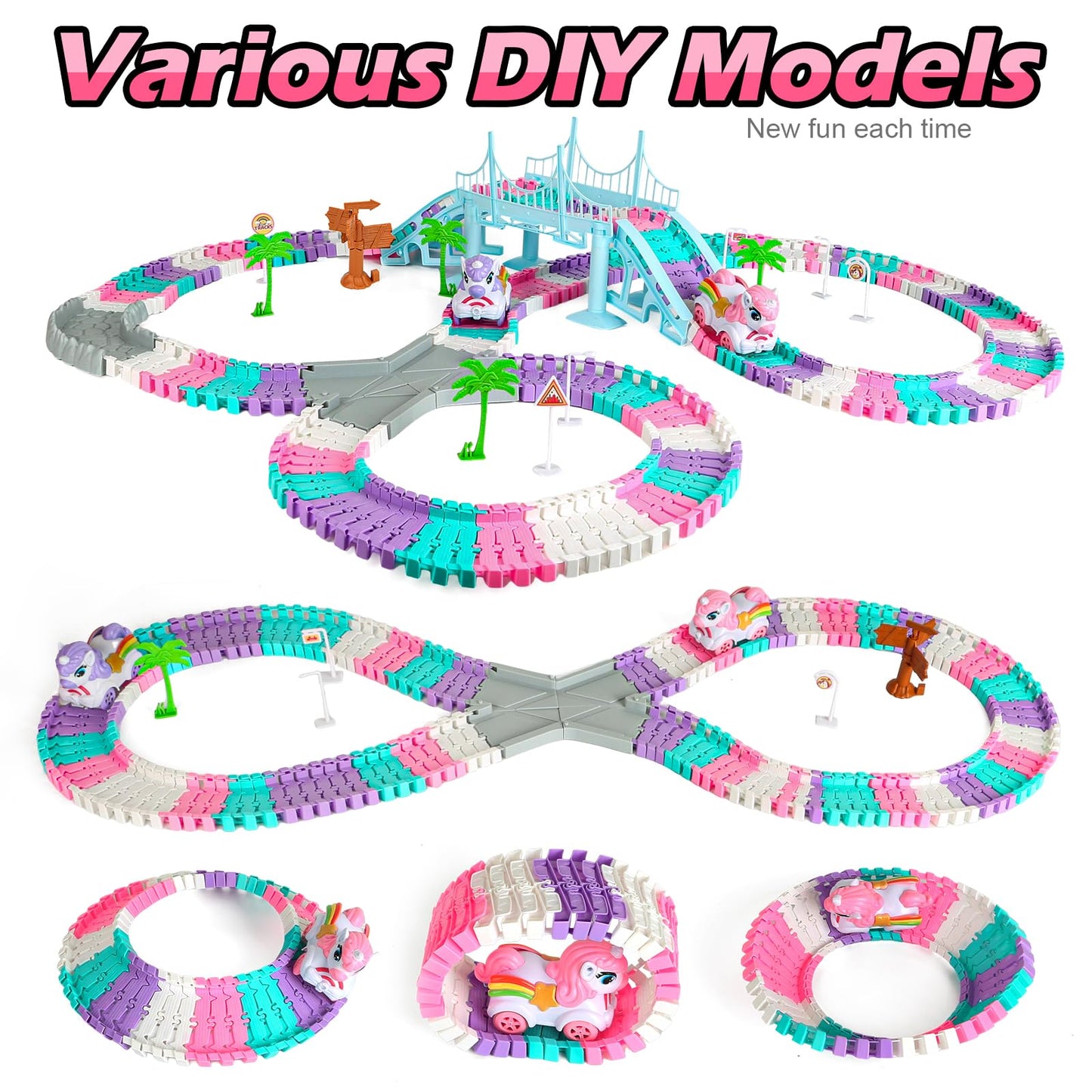268 PCS Unicorn Race Tracks for Kids Toys, Glow in The Dark Magic Toy Set, 2 Unicorn Cars Track, Flexible DIY Track Set, Birthday Gift for Age 3-9 Boys Toddler Girls