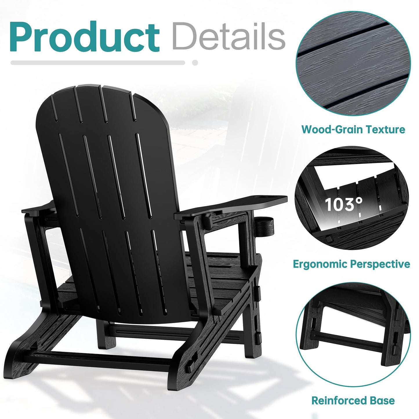 Shintenchi Adirondack Chairs Set of 2,HDPE Adirondack Chairs w/Removable Tablelop & Umbrella Hole,All-Weather Wooden Textured Plastic Outdoor Chairs w/Cup Holders for Garden Backyard Pool,Black